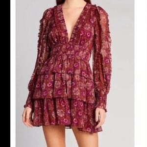House Of Harlow 1960  Metallic Floral Long Sleeve Tiered Midi Dress Size 8 Boho